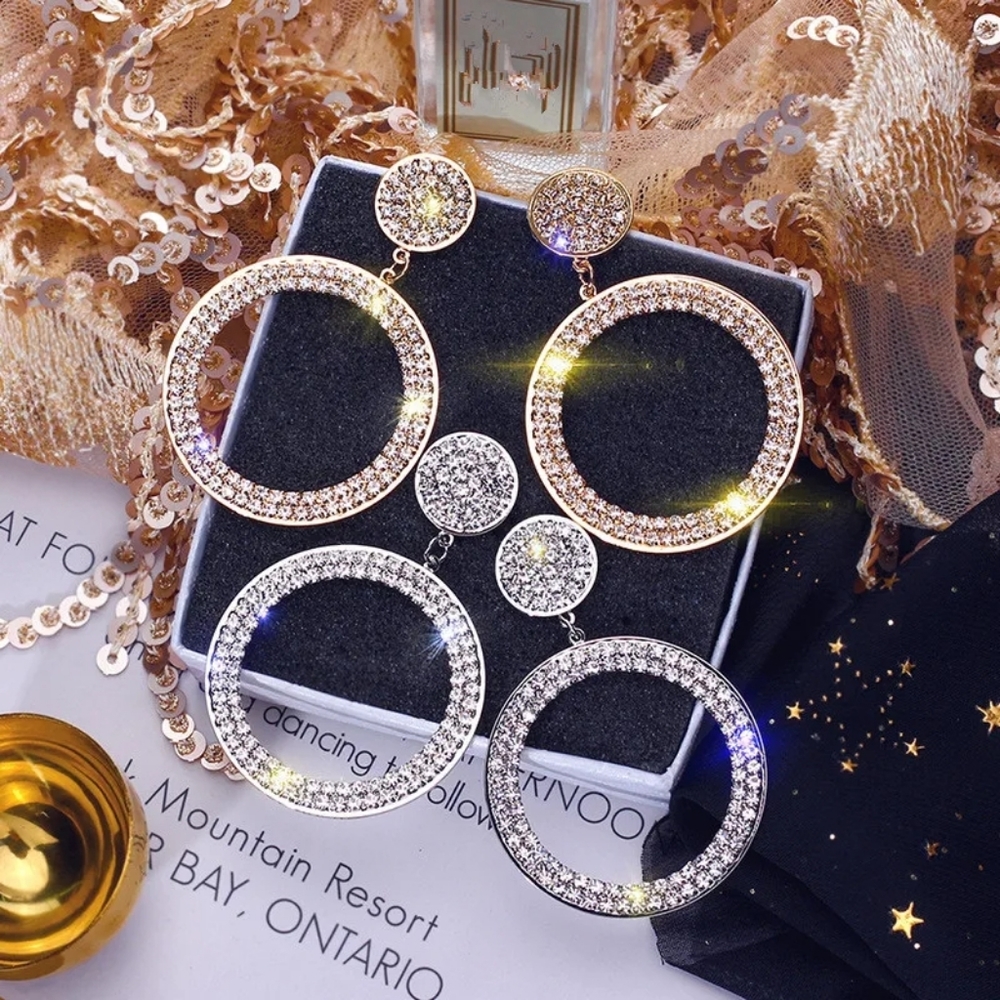 Big Round Diamond Dangle Earrings - Picture 2 of 4